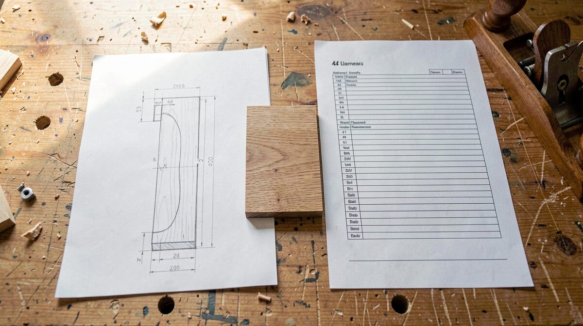 A joinery bench in daylight with a dimensioned pencil drawing, a small oak sample board and a laminated A4 brief sheet laid side by side, hand plane at the edge of frame, shot from above at a slight angle.