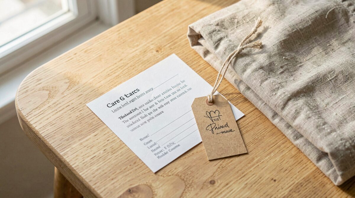 A care card and a swing tag lying on a pale oak workbench beside a folded linen garment, morning light from a side window, shot from directly above at close range.