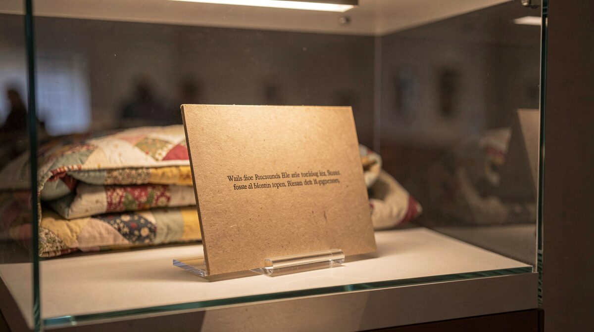 A small museum label in a matt board stand, tilted towards the reader inside a glass case, lit by a warm spotlight, with a folded quilt visible behind it.