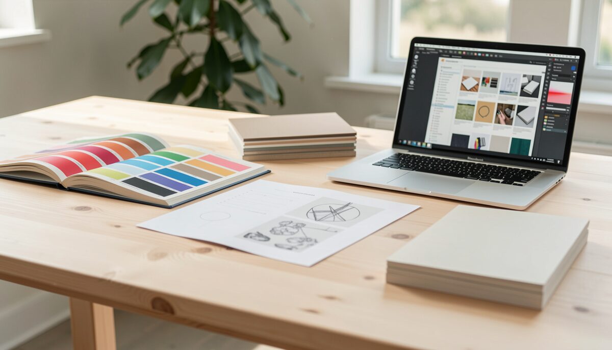 A wide studio bench in daylight: colour swatch books fanned open, printed proof sheets, a stack of uncoated stock samples and a laptop showing a page layout, pencil marks on the proofs, a plant out of focus behind.