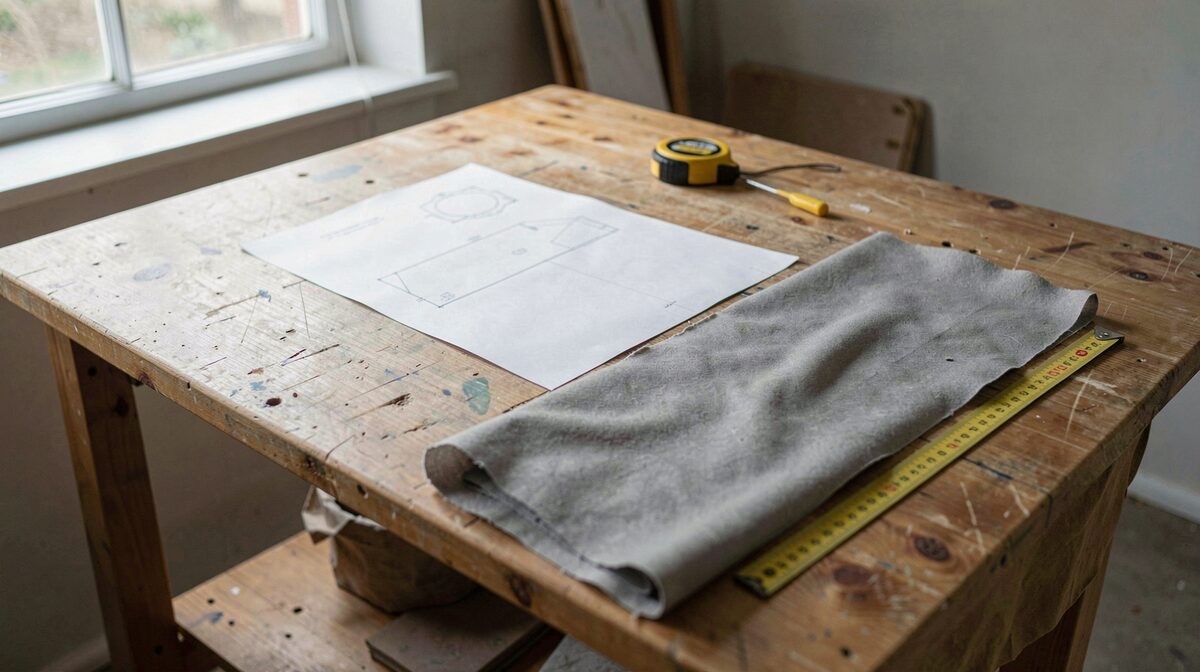 A cutting table in a small studio, a folded length of grey crepe beside a paper pattern and a tape measure, morning light from a side window, shot from above at a slight angle.