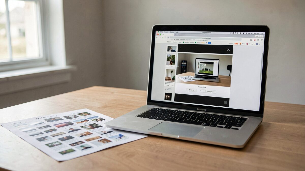 A laptop open on a studio desk beside a printed contact sheet, a browser window showing an image at 320 pixels wide next to the same frame at full width, north light from a window on the left.