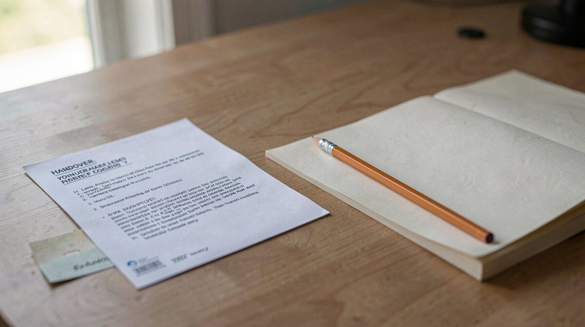 A studio desk in daylight with a printed handover note lying beside a folded care card, a paper sample book open at the corner, and a pencil resting on the page.