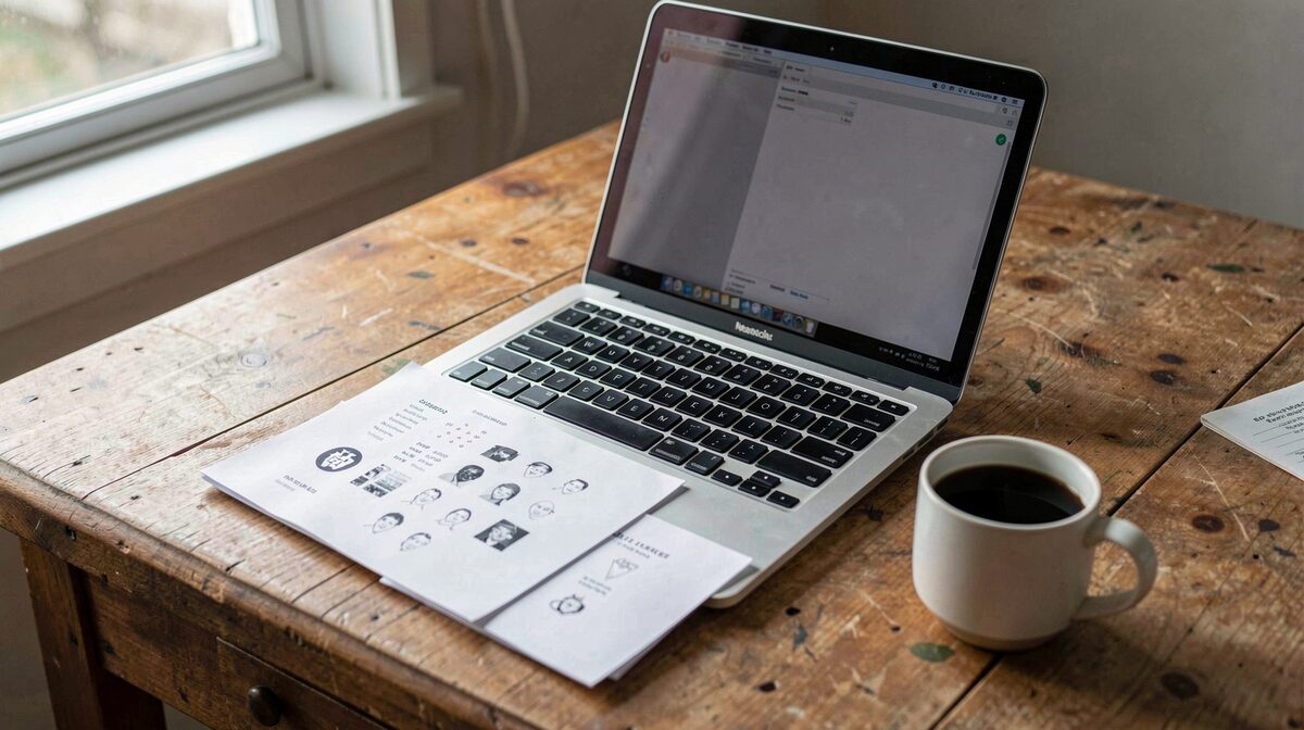 A laptop open on a wooden studio desk beside a printed contact sheet and a cup of black coffee, morning light from a side window falling across the keyboard, shot from slightly above at a three-quarter angle.